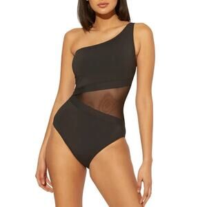 Bleu Rod Beattie Black One-Shoulder Mesh Panel One Piece Swimsuit Size 14 New